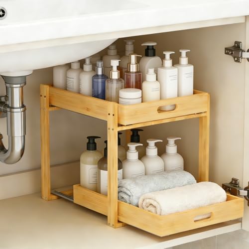 Bamboo Under Bathroom Sink Organizer - 2-Tier Pull Out Kitchen Undersink Organizer Storage Cabinet Shelf with Adjustable Levels, Under Sink Storage Slide Out for Pantry by RONGSENDAY