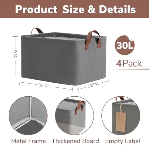 CHICVITA 30L Large Fabric Closet Baskets for Shelves, 4Pack, Grey - Image 3