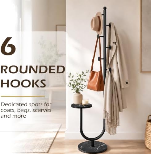 Metal Coat Rack Freestanding, Marble Table & Base, 6 Hooks, Black - Image 2