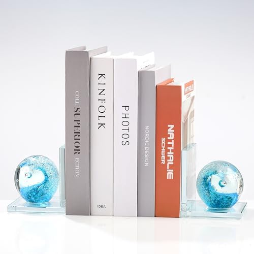Glass Book Ends with Turquoise Hand Blown Sea Wave Ball, Set of 2 - Image 6