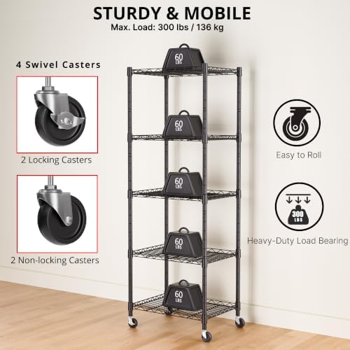 REGILLER 5-Wire Shelving Metal Storage Rack Adjustable Shelves,Standing Storage Shelf Units for Laundry Bathroom Kitchen Pantry Closet(Black,11.8" D x 16.6" W x 53.5" H,With Wheels) - Image 6