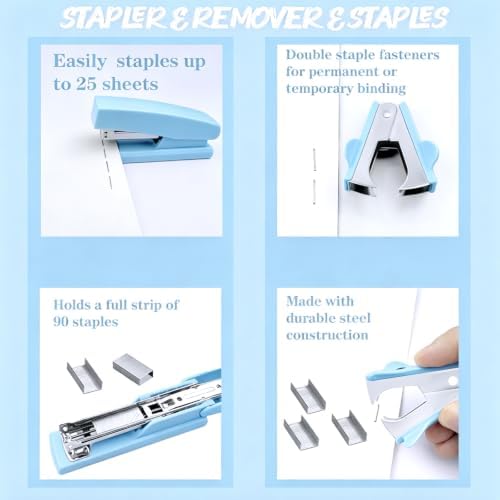Blue Office Supplies, 17Pcs Blue Desk Accessories Set Include Stapler, Mesh Desk Organizer, Tape Dispenser, Staple Remover, Pen Holder, Clips, Pens, Ruler, for Office Home School Women Students Gift - Image 6
