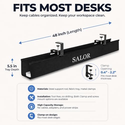 SALOR Extra Large No Drill Under Desk Cable Management Tray, 48 Inch, Black - Image 5