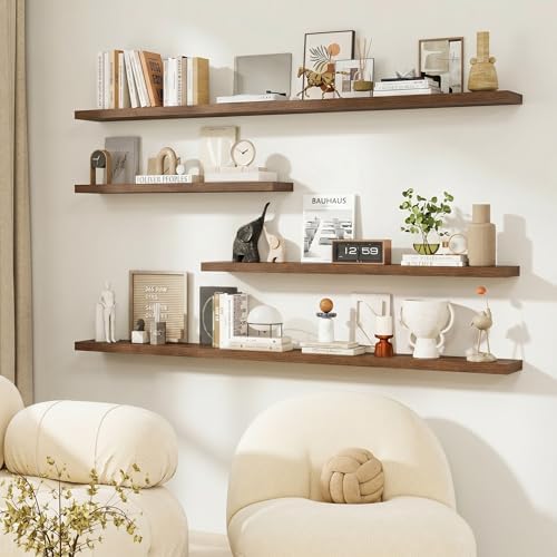 Dreamland 72Inch Floating Shelves for Wall, Rustic Wooden Walnut Floating Shelves for Living Room, Kitchen, Farmhouse, Deep Wall Mounted Book Shelf, Wood Storage Display Shelf for Home Decor, Set of 2 - Image 6