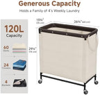 StorageWorks 3 Section Laundry Hamper, 120L Beige Sorter Cart with Wheels - Image 2
