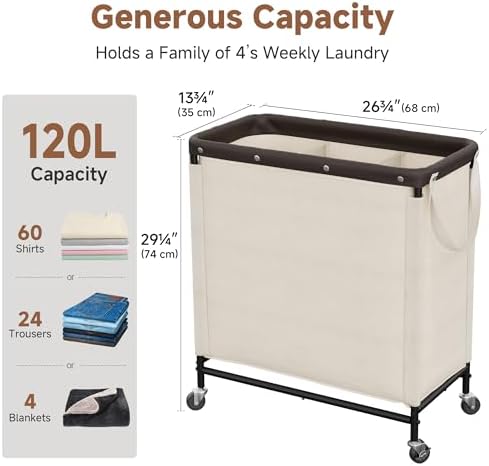 StorageWorks 3 Section Laundry Hamper, 120L Beige Sorter Cart with Wheels - Image 2