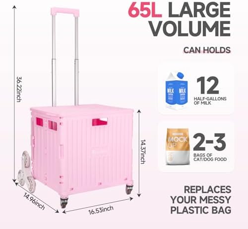Nedcart Rolling Crate with Stair Climbing Wheels, Foldable Utility Cart with Detachable Lid & Telescoping Handle, Portable Rolling Cart Tote Basket for Teacher Upstairs Grocery Shopping - Image 3