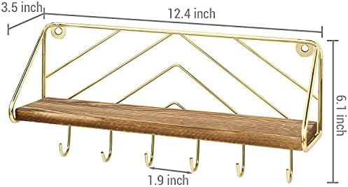 MyGift Burnt Wood and Brass Metal Wall Shelf & Key Holder Rack with 6 Hooks - Image 3