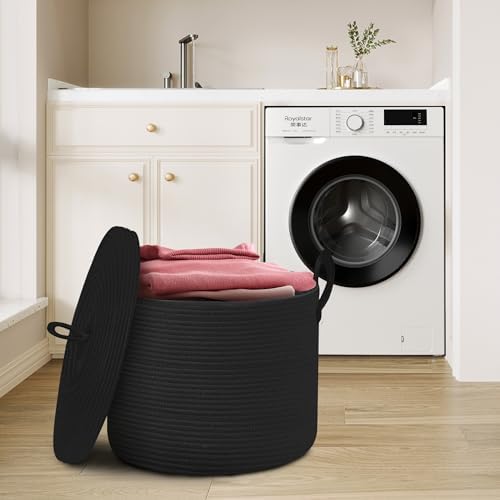 18" X 14" Large Black Basket with Lid, Cotton Rope Storage Basket for Blanket, Toy, Pillow, Towel, Living Room Bedroom Storage Bin, Wicker Woven All Black Organizing Bin with Cover - Image 4
