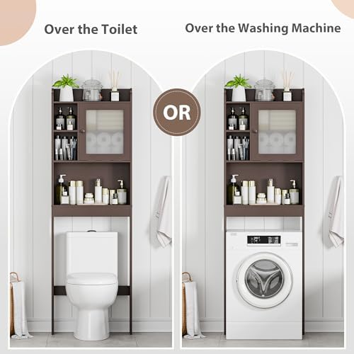 SUPER DEAL Over The Toilet Bathroom Storage Cabinet Freestanding Wooden Bathroom Organizer with Adjustable Shelves and Glass Door, Brown - Image 4