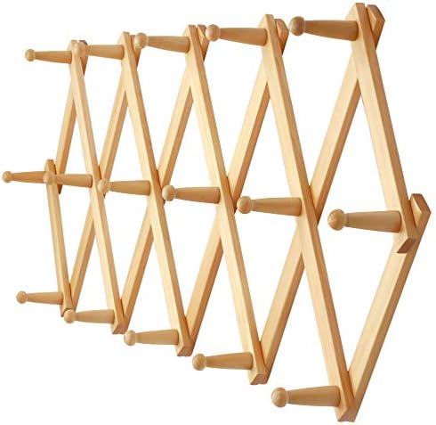 Dseap Accordian Wall Hanger: 16” High Wooden Wall Expandable Coat Rack, Hat Rack Holder, Accordion Hook for Baseball Caps, Coats, Mugs, 16 Peg Hooks, Natural by Dseap