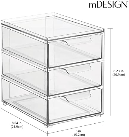 mDesign Plastic Stackable 3-Drawer Kitchen Storage Organizer - Bin with Divided Pull-Out Drawers for Pantry, Shelf, Fridge/Refrigerator, and Freezer Organization - Lumiere Collection - Clear - Image 3