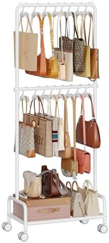 Hayexiha 3-Tier Purse Organizer for Closet with 16 Wide Hooks, Rolling Purse Rack Stand with Wheels for Purse Storage, Adjustable Handbag Organizer, Large Tall Purse Storage Organizer for Small Place by Hayexiha