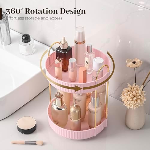 Aveniee 360 Rotating Makeup Organizer for Vanity, Skincare Perfume Organizers, Bathroom Countertop Organizer and Storage, Clear Cosmetics Lipstick Holder for Dresser,2 Tiers, Pink - Image 2