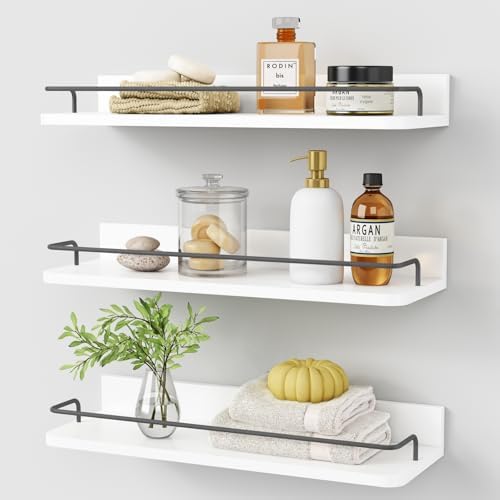Forbena White Floating Shelves Bathroom Shelves Over Toilet Set of 3, Bathroom Organizers and Storage Shelves Wall Mounted, Modern Wood Corner Wall Shelf for Bedroom Closet -White and Dark Grey by Forbena