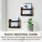 MyGift Wall-Mount Magazine Racks, Burnt Wood & Black Metal, Set of 2 - Image 2