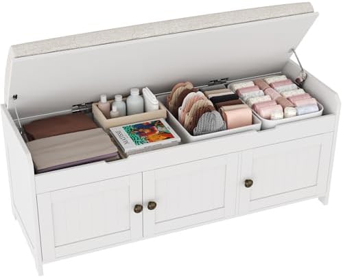 HOMEFORT 41.3" Shoe Bench with Lift Top Storage, Entryway Bench with Cushioned Seat, Wooden End of Bed Bench, Shoe Cabinet Bench with Hidden Storage Space, for Bedroom, Hallway,White by HOMEFORT