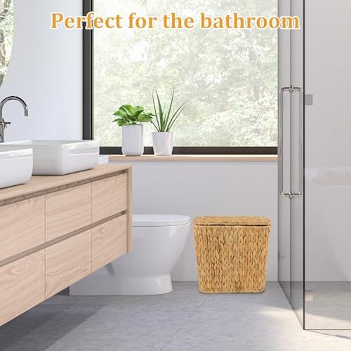 Wicker Trash Can with Lid and Liner, Handwoven Wicker Waste Basket, Water Hyacinth Bathroom Trash Can, Boho Rattan Garbage Wastebasket for Bedroom Home Living Room Office Kitchen, 2.5 Gallon - Image 6