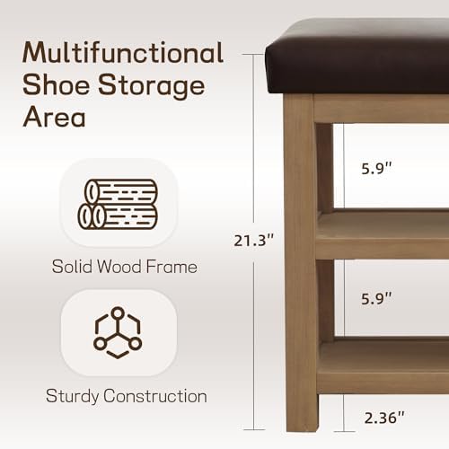 Zihanhome Shoe Rack Bench with Leather Cushion, 2 Tier Solid Wood Storage Bench, Mid-Century Modern Shoe Bench for Entryway, Hallway, Closet, Front Door Entrance, Foyer (Dark Brown, 46.5) - Image 5