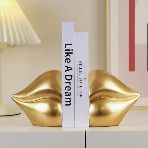 Unique Gold Lips Decorative Bookends for Home Office Shelves Decor - Image 2