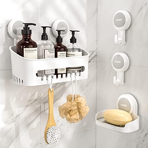 LUXEAR 4 Pack Shower Caddy Set - Suction Cup Shower Shelf+Soap Dish+Hooks - 1 Sec Installation NO-Drill Removable Powerful Waterproof Organizer for Bathroom/Kitchen/RV 22LBS Capacity Removable by Luxear
