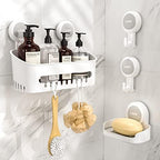 LUXEAR 4 Pack Shower Caddy Set - Suction Cup Shower Shelf+Soap Dish+Hooks - 1 Sec Installation NO-Drill Removable Powerful Waterproof Organizer for Bathroom/Kitchen/RV 22LBS Capacity Removable by Luxear