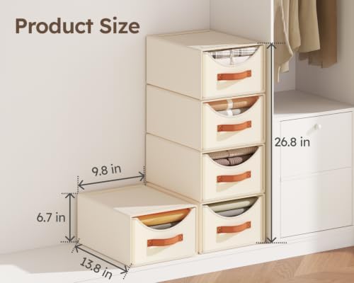 Homsorout Stackable Storage Drawers - Collapsible Storage Bins with Drawers, 4 Pack Closet Shelf Organizer Basket, Fabric Pull Out Organizer for Bedroom, Living Room, Dorm, Beige - Image 3