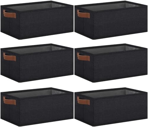 GhvyenntteS Small Fabric Storage Bins 6 Pack, 11.8" x 7.87" x 5.11" Storage Basket with Leather Handles, Closet Storage Bins for Shelves, Storage Baskets for Shelves, DVD Storage (Black) by GhvyenntteS