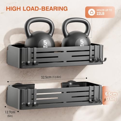 Lekesky Suction Cup Shower Caddy, No Drill Shower Shelf, Aluminum Rust Proof Bathroom Shower Organizer with 12 Hooks (2-Pack, Gunmetal Gray) - Image 5