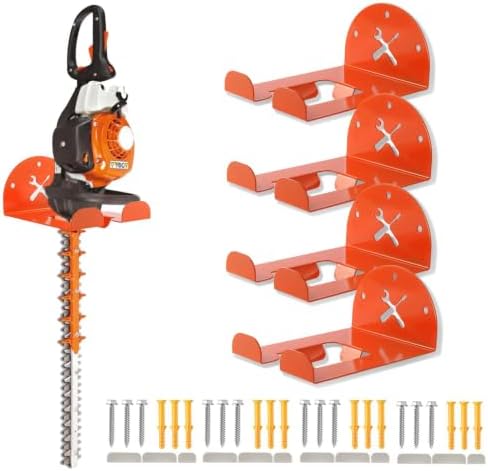 Upgraded Trimmer Rack Wall Mount - 8" Heavy Duty Weed Eater Hanger for Garage Wall, Garden Power Tool Holder Organizer Hooks for Grass Trimmer, Hedge Trimmer, Leaf Blower and Chainsaw, Orange, 4 Pack by IULRTBA