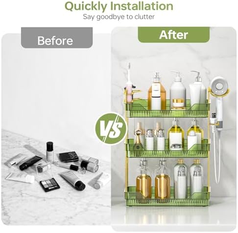 Bathroom Counter Organizer with Hair Dryer Holder and Toothbrush Holder, Acrylic Vanity Tray for Skincare, Perfume, Makeup Storage on Countertop ＆ Dresser (Green, 3-Tier) - Image 3