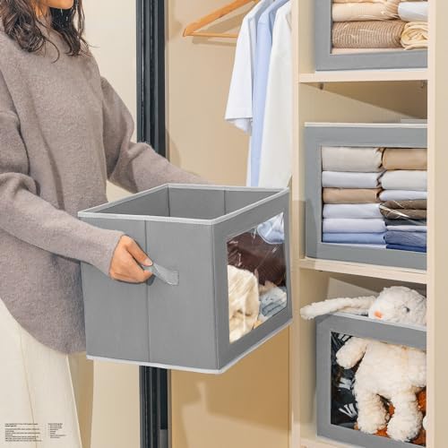 Homsorout Stackable Storage Bins with Lids - Large Decorative Basket with Lids, Fabric Foldable Closet Organizer Bins, Shelf Organizer for Living Room, Dorm, 5 Pack, Grey - Image 4