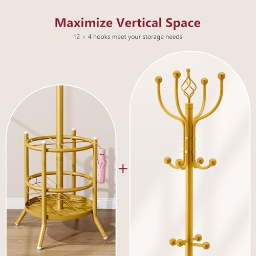 Tajsoon Coat Rack with Umbrella Holder, Coat Tree With 16 Hooks, Gold - Image 6