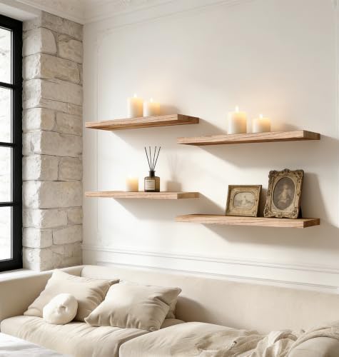 17 Inch Rustic Wood Floating Shelves Farmhouse Wooden Wall Shelves for Bathroom Bedroom Living Room Kitchen Office Set of 6 Light Brown - Image 5