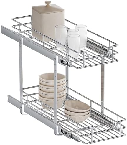 2-Tier Pull Out Cabinet Organizer, 10.5" W x 18" D, Heavy Duty Dual Slide Out Shelves for Narrow Base Cabinets, Chrome Wire Basket Drawer for Spices, Bottles & Snacks by Unknown
