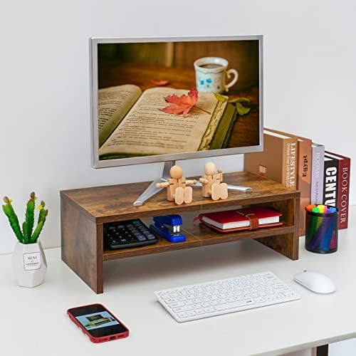 TEAMIX 20 inch Monitor Riser Stand - 2 Tiers, Wood Rustic Desktop Bookshelf - Image 3