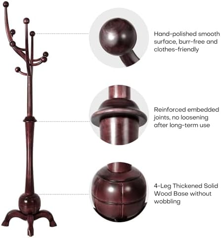Bekrvio Freestanding Wood Coat Rack with Stable Sphere Base, Wine Red - Image 3