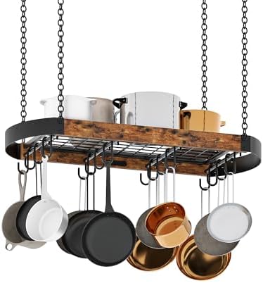 CHOEZON 31.7-Inch Hanging Pot Rack, Space-Saving Pot Hanger for Kitchen, Ceiling Pan Hanging Rack with 16 Detachable S Hooks, Sturdy Metal Frame, Industrial Style, Rustic Brown and Black TPR09BF by Choezon