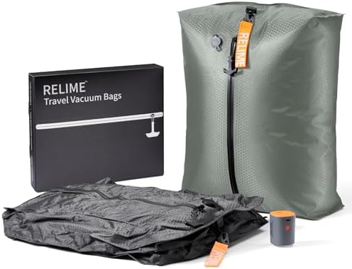 Relime Classic Series Vacuum Bags for Travel Luggage with Wireless Pump, Compression Bags for Carry On Suitcases and Backpack, Vacuum Seal Packing cube for Cloth Packing ((2PC + PUMP Gray & Green) by Relime