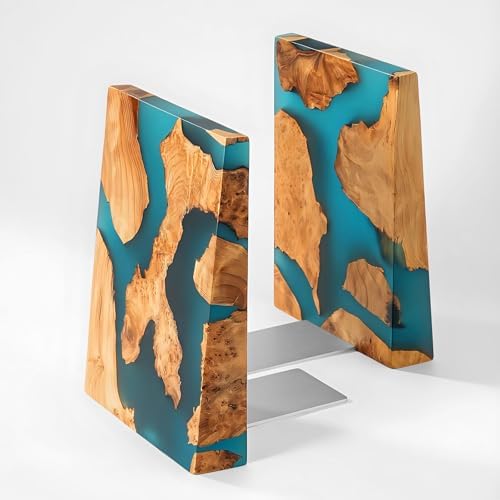Glow in The Dark Bookends, Wood Bookends for Shelves,Blue Luminous Book Ends with Burl Wood and Resin,Decorative Book Stopper Binder and Dividers, Blue, Large,Unique Desk Decor for Home Office Library by Loongresinwood