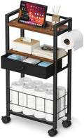 Snughome Freestanding Toilet Paper Holder with Storage Drawer, 4-Tier Rolling Toilet Paper Holder Stand with Wheels, Shelf & Basket, Bathroom Magazine Rack for Phone & Extra Rolls (Rustic Brown) by Snughome