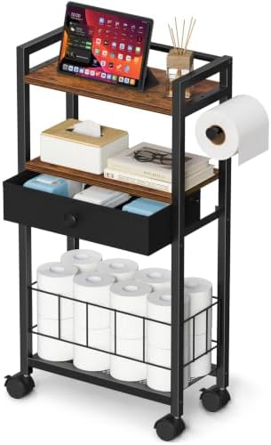 Snughome Freestanding Toilet Paper Holder with Storage Drawer, 4-Tier Rolling Toilet Paper Holder Stand with Wheels, Shelf & Basket, Bathroom Magazine Rack for Phone & Extra Rolls (Rustic Brown) by Snughome