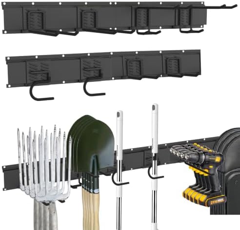 Garage Tool Organizer Wall Mount, 64 Inch Heavy Duty Garden Tool Organizer Storage System, Easy Install with 8 Adjustable Hooks, for Garage, Basement, Shed, Workshop, Black, Steel by CRXCRC