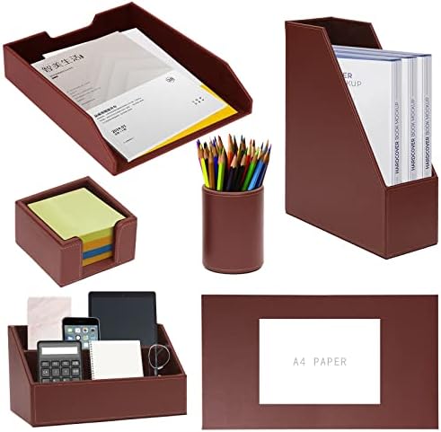 Office Supplies PU Leather 6-Piece Desk Organizer with Writing Pad, Letter Tray, File Folder Sorter, Pen Cup, Note Holder, Business Card Holder - Brown by XNONE