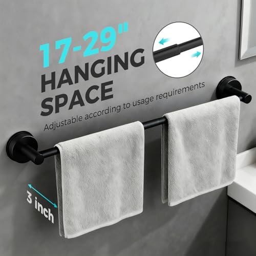 Adjustable Suction Cup Towel Bar for Bathroom Wall,17 Inch~29 Inch Towel Racks for Bathroom,Stainless Steel Bath Towel Holder(Matte Black) - Image 2