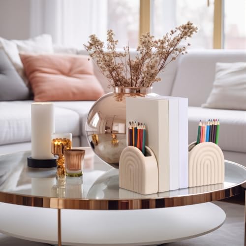 Decorative Ceramic Bookend Pen Holder for Shelves, Boho Style Set of 2, Aesthetic Rainbow Arch Heavy Duty Book Ends Stopper for Book Shelf Home Office Library Decor(Beige) - Image 5