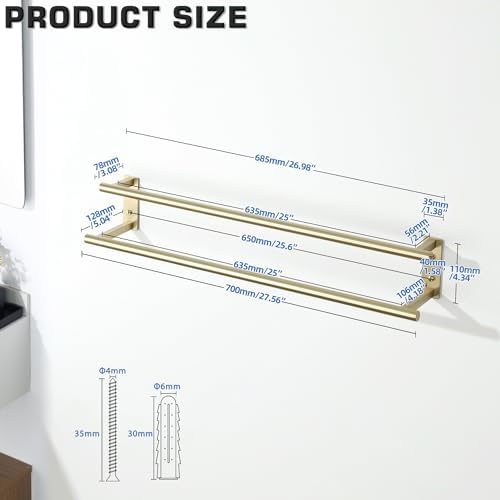 Alise 28‘’ Double Towel Bar for Bathroom Wall Mounted, Brushed Gold - Image 2