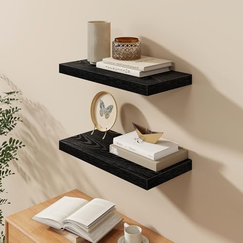 Fun Memories Black Floating Shelves 24 Inch Long, 9.3 Inch Deep Floating Shelf for Lving Room, Bedoom, Kitchen, Deep Wall Shelves for Bathroom, 2 Pack Storage Display Shelf for Books, Decors - Image 2