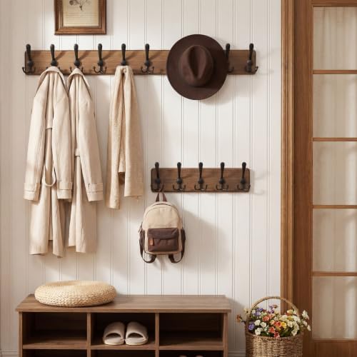 WEBI Coat Rack Wall Mount,38 9/16" Long,10 Hooks,Wood Coat Hooks Wall Mounted Coat Hanger Wall Hook Rack,Triple Hooks for Hanging Coats,Clothes,Jacket,Brown,2 Packs - Image 5