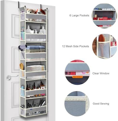 2 Pack Over The Door Hanging Organizer 6-Shelves and 12 Side Pockets, Over The Door Storage for Bathroom and Bedroom, Back of Door Organizers for Baby Products and Kid's Toys(13"x5"x54" Grey) - Image 4